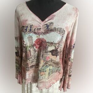 Vintage Y2K ONE WORLD sheer graphic boho top